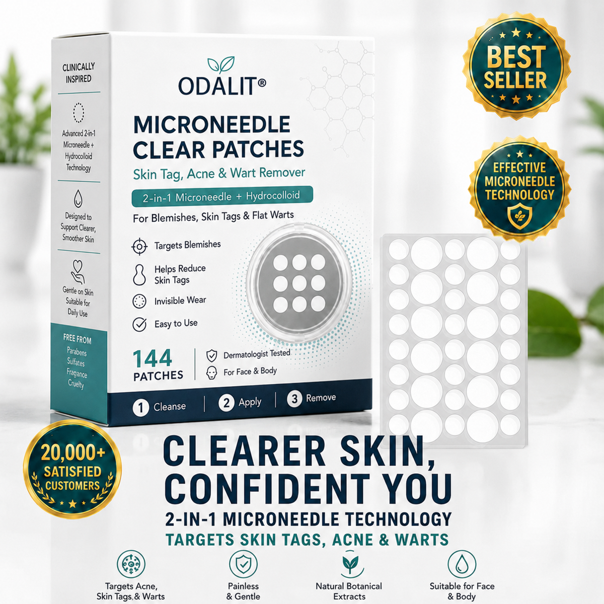 ODALIT® 2-in-1 Microneedle & Hydrocolloid Patch🍀| Removes Raised Moles, Acne, Flat Warts & Skin Tags | Helps Improve Wrinkles, Scars & Blemishes | Invisible Patches for Face & Body